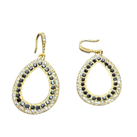 Gold-Toned Teardrop Earrings With Black & Clear Gemstone Accents - Picture 2 of 7